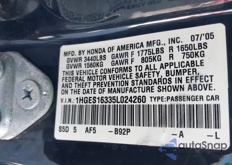2005 Honda Civic Vp from USA, damaged, VIN 1HGES16335L024260